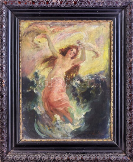 Nagy jelzéssel: Női akt. Olaj, vászon, falemezen. Dekoratív, kissé sérült fakeretben. 45x35 cm