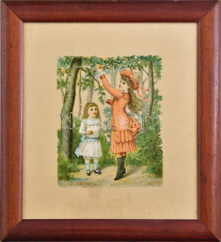 Almaszedő kislányok. Kromolitográfia, papír. Jelzés nélkül. XIX. sz. vége. Üvegezett fakeretben. 16,5x13,5 cm