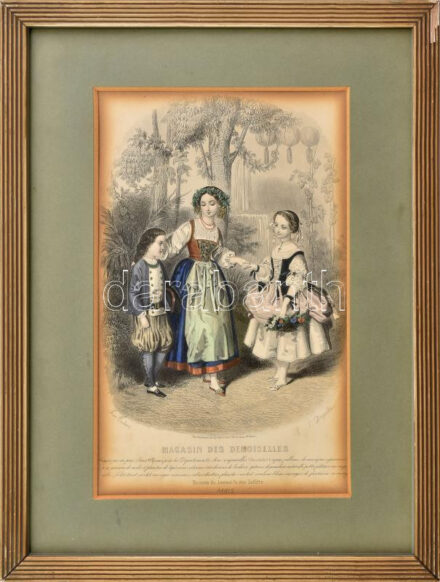 J. Desjardins: Divatmetszet (Magasin des Demoiselles), 1850-60 körül. Akvarellel színezett acélmetszet, jelzett a metszeten. Antik, üvegezett, kissé sérült fakeretben. 24x15 cm