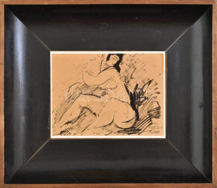 Murai jelzéssel (Murai Jenő?): Női akt. Tus, papír. Dekoratív fakeretben. 15x20 cm