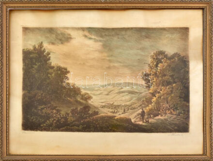 Paulovits Pál (1892-1975): Hazatérés. Színezett rézkarc, papír, jelzett, üvegezett fakeretben, 28×42 cm