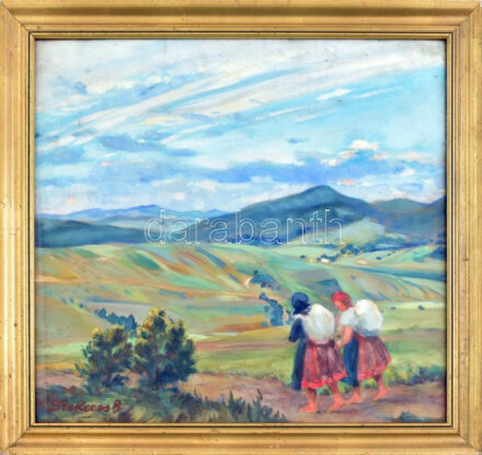 Szekeres Béla (Budapest, 1890 - ?): Asszonyok a tájban. Olaj, tempera, papír, üvegezett keretben. Jelezve balra lent: Szekeres B. 46x50 cm. 'Festő, grafikus. Tanulmányait az Iparművészeti Főiskolán végezte. 1911-1912-ben Rio de