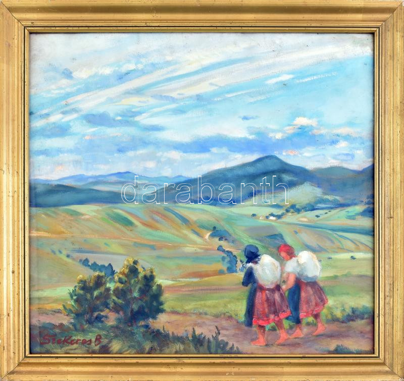 Szekeres Béla (Budapest, 1890 - ?): Asszonyok a tájban. Olaj, tempera, papír, üvegezett keretben. Jelezve balra lent: Szekeres B. 46x50 cm. 'Festő, grafikus. Tanulmányait az Iparművészeti Főiskolán végezte. 1911-1912-ben Rio de