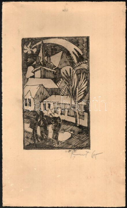 Kunt Ernő (1920-1994): Betlehemesek (cím nélkül), 1965. Rézkarc, papír, jelzett. 16x10 cm