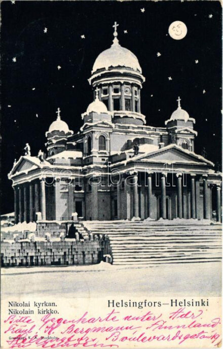 1899 (Vorläufer) Helsinki, Helsingfors; Nikolai kyrkan / Nikolain kirkko / church in winter at night (EK)