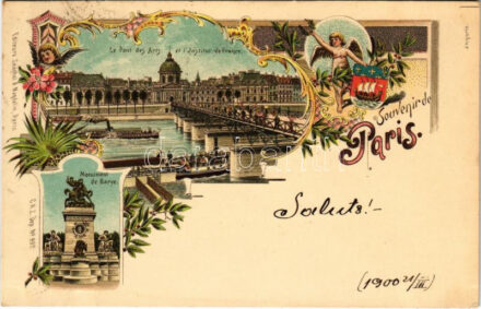1900 Paris, Le Pont des Arts et l'Institut de France, Monument de Barye. Editeurs Seughol & Magdelin. C.K.Z. Art Nouveau, floral, litho with coat of arms