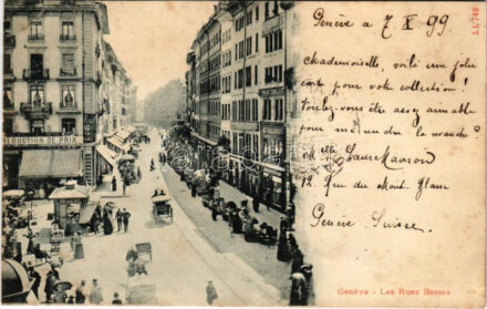 1899 (Vorläufer) Geneve, Geneva, Genf; Les Rues Basses / street view, market, shops (EK)