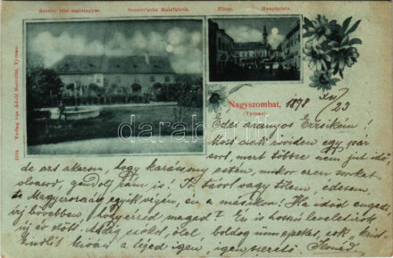 1898 (Vorläufer) Nagyszombat, Tyrnau, Trnava; Sessler-féle malátagyár, Fő tér. Adolf Horovitz kiadása / Sessler'sche Malzfabrik, Hauptplatz / malt factory, main square. Floral (EK)