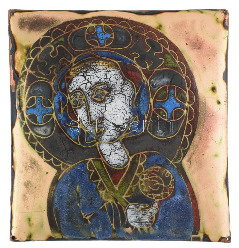 Olvashatatlan jelzéssel: Madonna. Tűzzománc, rézlemez. 13x13 cm