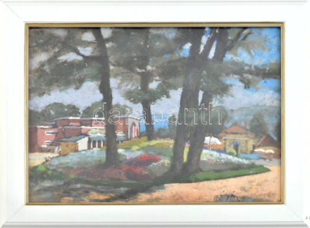 Bányász István, működött a XX. sz. első felében, 1924-ben Nagybányán tanult: Mediterrán táj. Pasztell, papír. Jelezve jobbra lent: Bányász. 29x39 cm Üvegezett fakeretben. '1924-ben Nagybányán a szabadiskolában képezte magát.