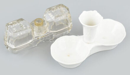 2 db asztali só- és borstartó: Zsolnay fehérmázas porcelán, jelzett, hajszálrepedéssel, h: 14 cm + üveg, elfordítható fedővel, h: 12,5 cm