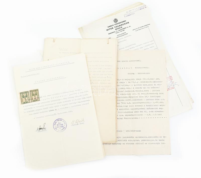 1939 Szucsány és más felvidéki településeken kiállított okmányok. bélyegekkel, fordítással, 10 db