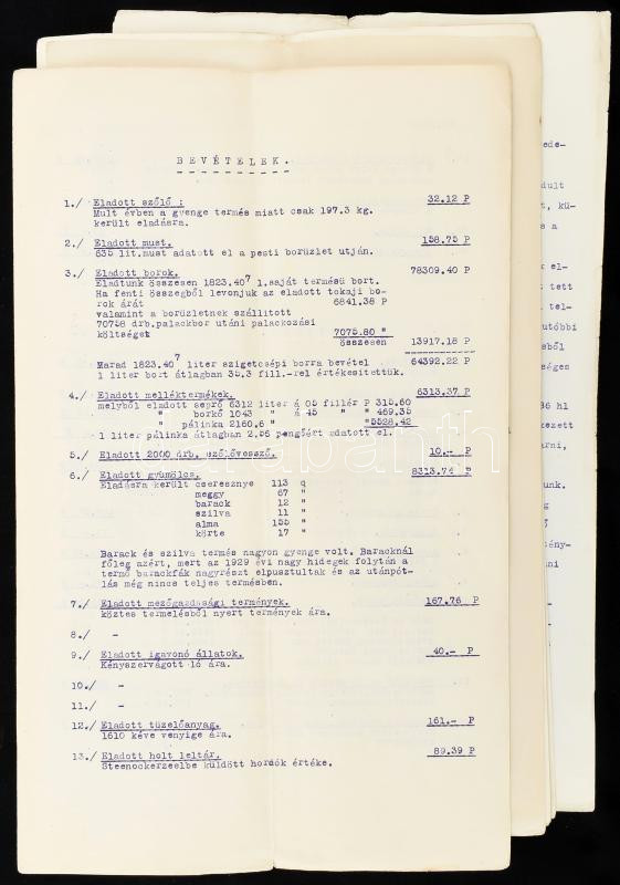 1935 Ráckevei uradalmi szőlőtelek gazdasági kimutatása. Szőlő, pálinka, bor eladás. kb 20 p