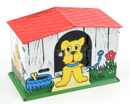 Retró lemezárugyári kutyaház persely, kulcs nélkül, 13x7x8,5 cm