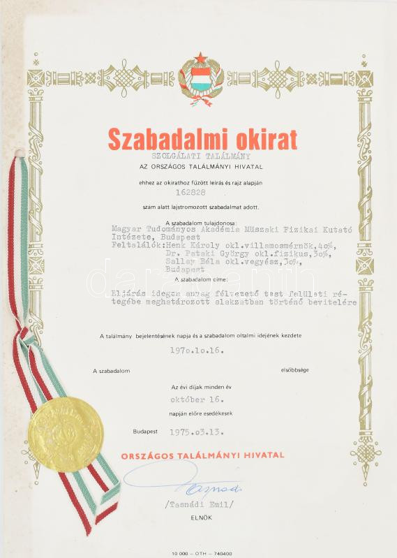 1975 Szabadalmi okirat félvezetőről
