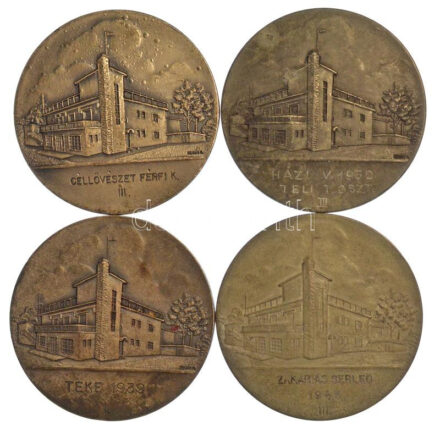 Berán Nándor (1889-1965) 1939-1950. 'Országos Földhitelintézet Tisztviselőinek Sportegyesülete' 4db kétoldalas bronz és Zn sportérem tétel, hátoldalán mindegyik gravírozva (45mm) T:1-,2
