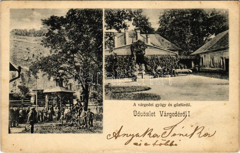 1902 Várgede, Várgedefürdő, Kúpele Hodejov, Hodejov; Gyógy- és gőzfürdő, Csevicze kút, vonat a háttérben. Kohn Albert kiadása / spa, steam bath, well, spring source, train in the background + 'MISKOLCZ - FÜLEK 42. SZ.' vasúti