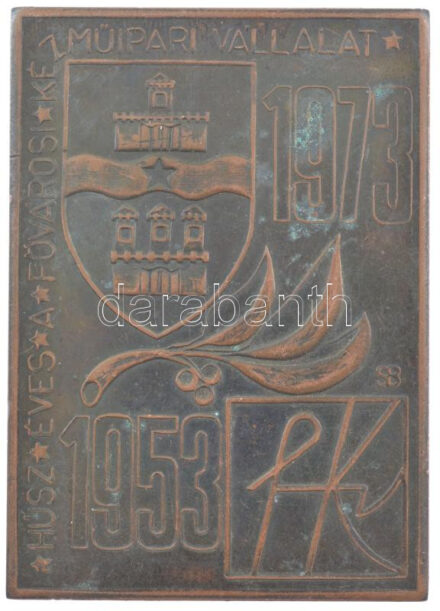 Schaffner Bernadett (1951-) 1973. '20 éves a Fővárosi Kézműipari Vállalat' bronz plakett (70x50mm) T:2 patina