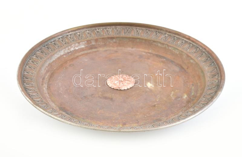 Fém kínáló, kopott, d: 28 cm