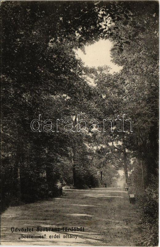 Szobránc, Szobránc-fürdő, Kúpele Sobrance; 'Szerelmes' erdei sétány. Scharf Béla kiadása / romantic forest walkway, spa promenade