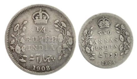Brit-India 1904. 2a Ag 'VII. Edvárd' + 1908. 1/4R Ag 'VII. Edvárd' T:2-,3 patina British India 1904. 2 Annas Ag 'Edward VII' + 1908. 1/4 Rupee Ag 'Edward VII' C:VF,F patina Krause KM#505,506