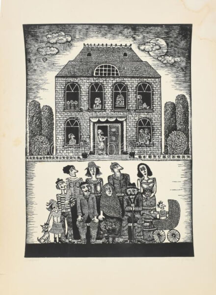 Molnár Gabriella (1940-): Család. Linómetszet, papír. Jelzett. Számozott: 19/50. Lapszéli egészen apró foltokkal, sérülésekkel. 50x35 cm