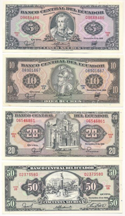 Ecuador 1988. 5S + 10S + 20S + 50S T:I Ecuador 1988. 5 Sucres + 10 Sucres + 20 Sucres + 50 Sucres C:UNC