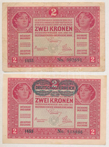 1917. 2K (2x) két különböző felülbélyegzéssel T:II-,III folt, kis szakadás