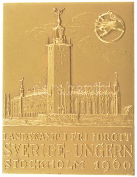 1960. 'Landskamp I Friidrott Sverige-Ungern Stockholm 1960 (Svédország-Magyarország - Nemzetközi atlétikai verseny, Stockholm 1960)' aranyozott fém plakett, hátoldalán 'I. spjut (I. lándzsa)' gravírozással, 'Westins Stockholm' gyártói