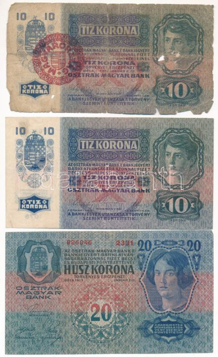 1913. 20K I. kiadás, felülbélyegzés nélkül + 1915. 10K (2x) az egyik piros 'MAGYARORSZÁG' felülbélyegzéssel T:III-IV közte szép papír, az egyiken anyaghiány, ragasztva