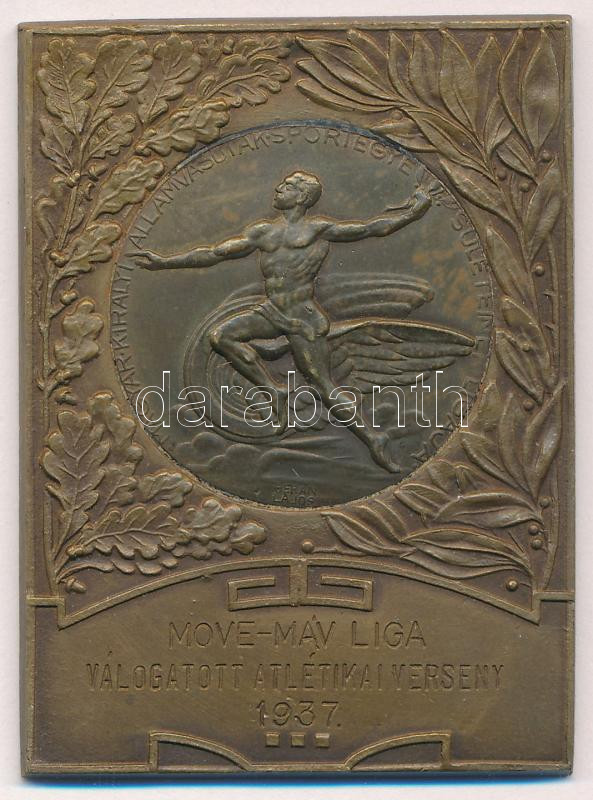 1937. 'MOVE-MÁV Ligaválogatott atlétikai verseny 1937' bronz sportplakett, hátoldalán filctollal írt 'Ózd 1937. szept. 12-én' szöveggel (42x57mm) T:1-