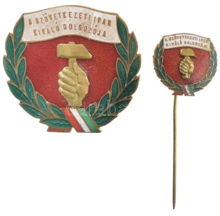 ~1950. 'A Szövetkezeti Ipar Kiváló Dolgozója' zománcozott jelvény miniatűrrel, dísztokban T:1