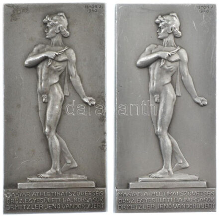 Istók János (1873-1972) 1941. 'Magyar Athletikai Szövetség Orsz. Egyesületi Bajnokságok Dr. Metzler Jenő Vándordíjért' Al díjplakett, mindkettő hátoldalán gravírozással és 'Berán N BPest' gyártói jelzéssel (34x71mm) T:2