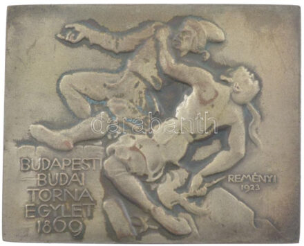 Reményi József (1887-1977) 1930. 'Budapesti Budai Torna Egylet 1869' ezüstözött bronz emlékplakett, hátlapon '1930. I. 12-i Futóverseny II. B. oszt. I. díj' gravírozással (49x61mm) T:2,2- patina HP 2210.