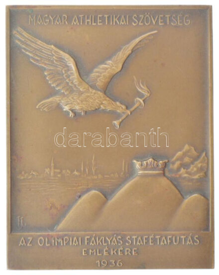 1937. 'A Magyar Athletikai Szövetség - Az olimpiai fáklyás stafétafutás emlékére 1936' bronz sportplakett, hátoldalán 'Magyarország-Svédország 1937. X. 9-10.' gravírozással, 'Ludvig BP.' gyártói jelzéssel. Szign.: LJ (59x75mm) T:2