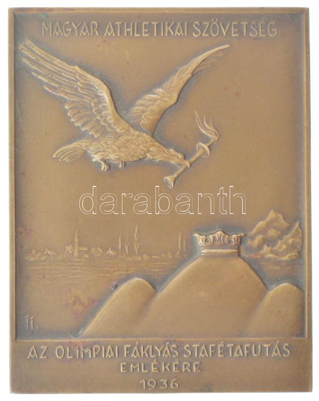 1937. 'A Magyar Athletikai Szövetség - Az olimpiai fáklyás stafétafutás emlékére 1936' bronz sportplakett, hátoldalán 'Magyarország-Svédország 1937. X. 9-10.' gravírozással, 'Ludvig BP.' gyártói jelzéssel. Szign.: LJ (59x75mm) T:2