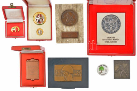 1950-1980. 7 darabos magyar szocialista jelvény és plakett tétel (többnyire eredeti tokban), közte 'Honvéd Sportversenyek - Bem Kupa 1952','Eredményes szakszervezeti munkáért - KPVDSZ elnökség 1988' + 'Természetbarát fiatalok' német