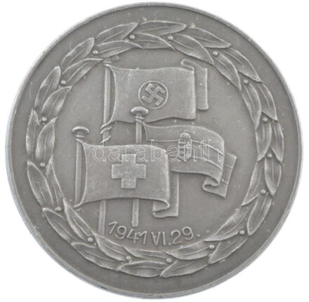 1941. '1941. VI. 29.' Al díjérem a Német Harmadik Birodalom, a Magyar Királyság és a Svájci Konföderáció zászlajával, hátoldalán 'II.' gravírozással és 'Berán N. BPest' gyártói jelzéssel (46mm) T:2
