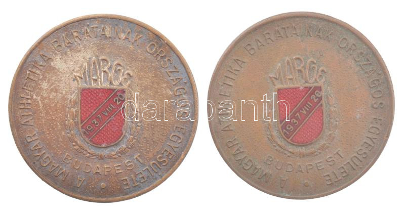 1937. 'A Magyar Athletika Barátainak Országos Egyesülete Budapest' zománcozott bronz emlékérem (2db, egyiken ezüstözés nyomai) (37mm) T:2