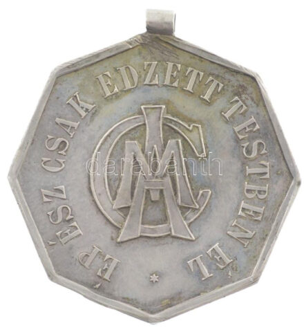 1906. 'Ép ész csak edzett testben él / Magyar Athletikai Club - Verseny díj' peremen jelzett Ag sport díjérem füllel, '...ESI' gyártói jelzéssel, 'rúdugrás I. - 1899. XII. 8.' gravírozással (16,50g/0.800/33mm) T:1-