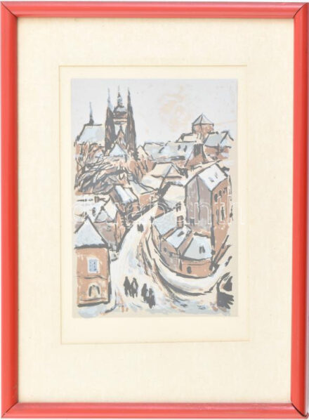 Jelzés nélkül: Városkép. Linó, papír, üvegezett tűzpiros kitámasztós keretben. 14x10 cm