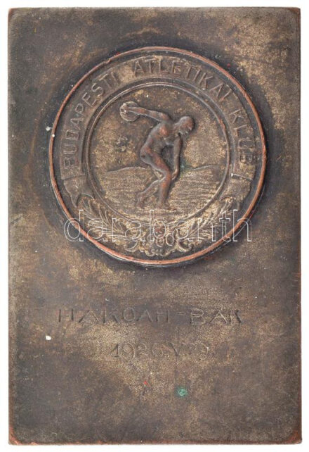 1926. 'Budapesti Atlétikai Klub' kétoldalas, ezüstözött bronz sportplakett 'Hakoah-BAK 1926.V.29.' gravírozással, a Hakoah Wien és a Budapesti AK között megrendezett birkózóviadal alkalmából (40x60mm) T:2,2- patina, kopott ezüstözés
