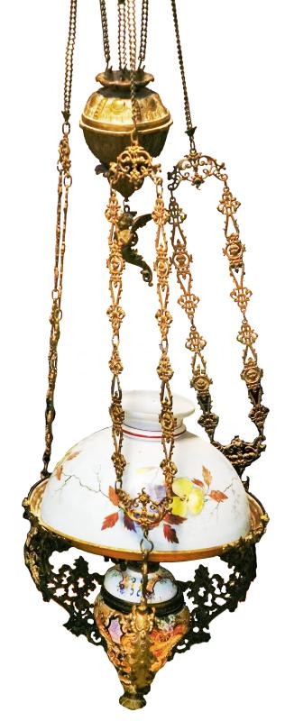 Steidl Znaim fajansz láncos petróleum lámpa, csillár, bronz szerelékkel. Kézzel festett, hibátlan lámpabúrával d: 40 cm CSAK SZEMÉLYES ÁTVÉTEL!