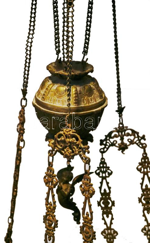 Steidl Znaim fajansz láncos petróleum lámpa, csillár, bronz szerelékkel. Kézzel festett, hibátlan lámpabúrával d: 40 cm CSAK SZEMÉLYES ÁTVÉTEL! - Image 2