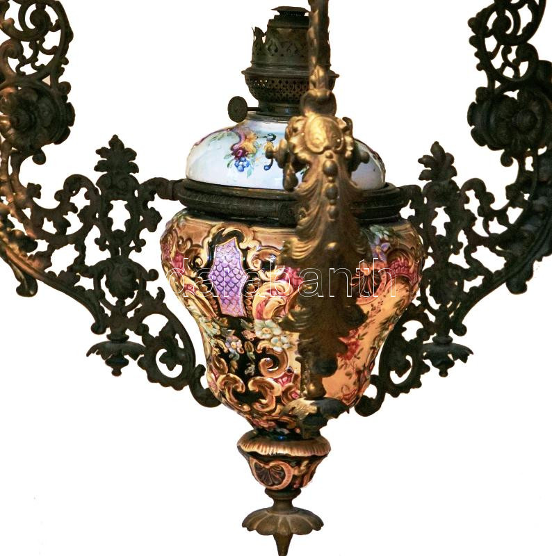 Steidl Znaim fajansz láncos petróleum lámpa, csillár, bronz szerelékkel. Kézzel festett, hibátlan lámpabúrával d: 40 cm CSAK SZEMÉLYES ÁTVÉTEL! - Image 3