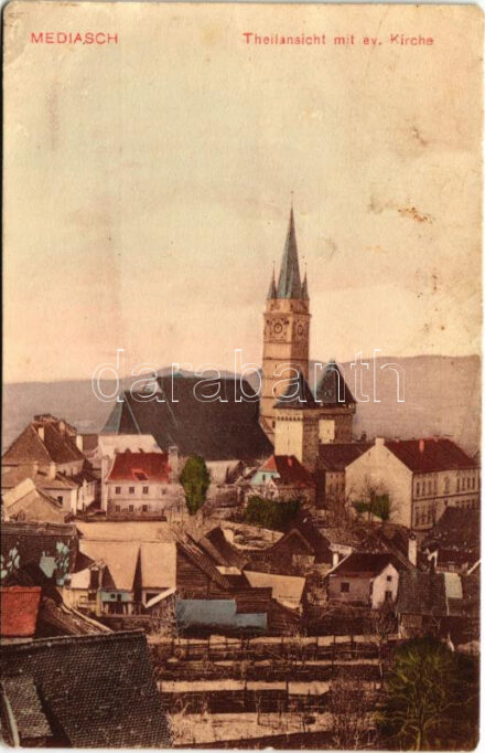 Medgyes, Mediasch, Medias; Teilansicht mit ev. Kirche / látkép, Evangélikus templom. Fritz Guggenberger kiadása / general view, Lutheran church (EM)