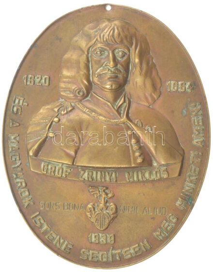 1939. '1620-1664 - Gróf Zrínyi Miklós és a magyarok Istene segítsen meg minket! Amen! Sors Bona Nihil Anilud / Weiss Manfréd hadiüzem alkalmazottai' bronz fali plakett (193x152mm), hátoldalán akasztóval. Szign.: SZIVÁK M T:2
