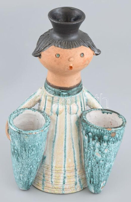 Kiss Roóz Ilona (1920-2010): Dupla váza. Színes mázakkal festett kerámia, kis sérüléssel, jelzett, m: 25 cm
