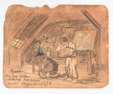 ... jelzéssel: Barátom, mikor lesz akkora hírem mint Regulának? Szén. papír. Jelzett, kiállítási címkével, sérült kartonon 32x40 cm