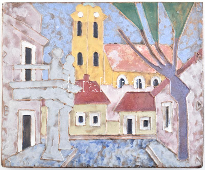 Ligeti Erika (1934-2004): Szentendre. Mázas kerámia fali dísz, jelzett, hibátlan, 18,5x22 cm